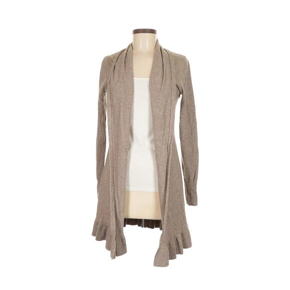 Milano Women's Small ruffled open front cardigan duster sweater wool Tan Office - Picture 1 of 8